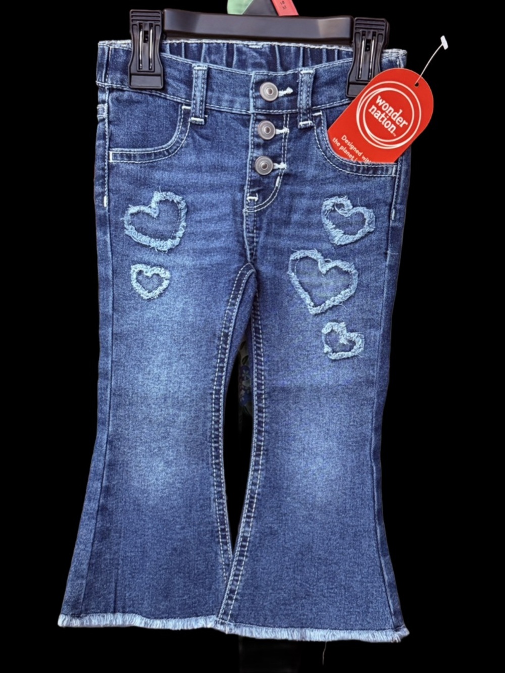 NWT Jeans Baby Sz 18m Wonder Nation Frayed Blue Hearts Design Frayed Flare Legs